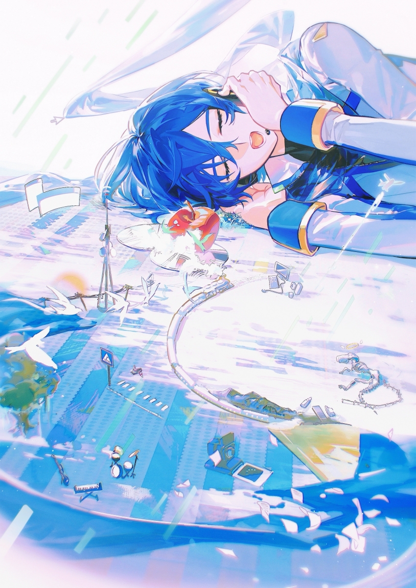 1boy, absurdres, apple, beret_cj, blue_hair, chinese_commentary, closed_eyes, commentary_request