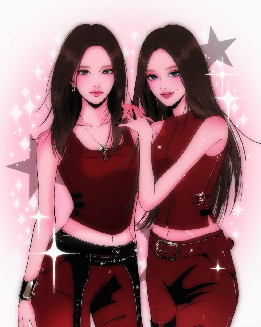 2girls, an_yujin, belt, black_nails, breasts, brown_hair, collarbone, commentary