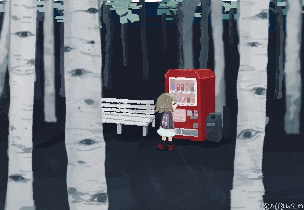 1girl, bench, birch_tree, black_socks, blonde_hair, chibi, chibi_only, closed_eyes