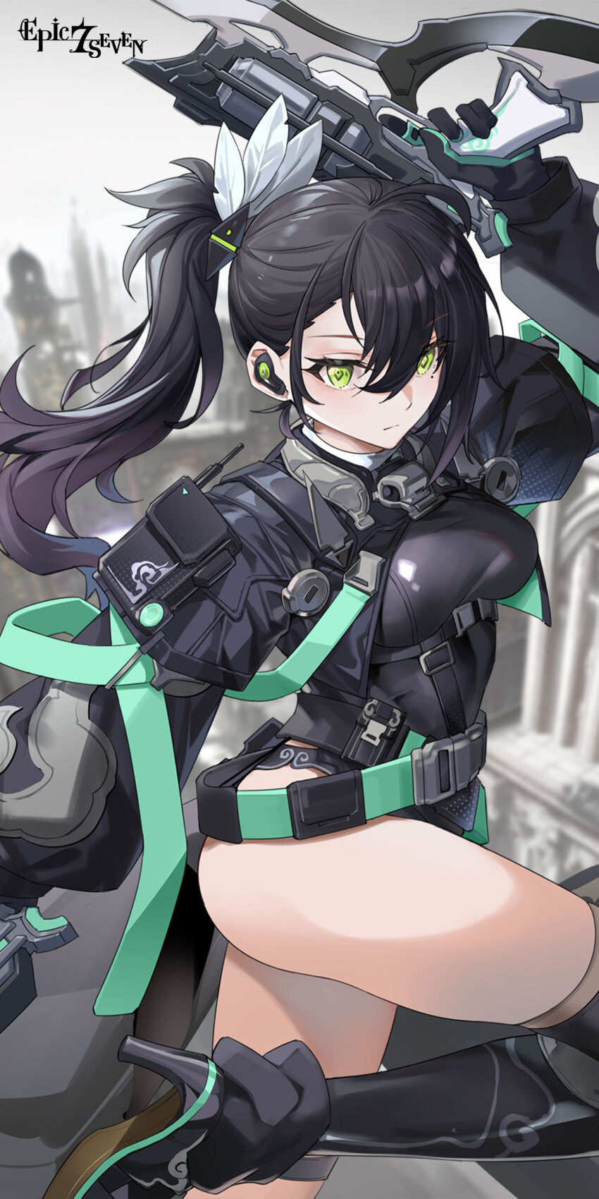 1girl, absurdres, ass, asymmetrical_legwear, belt, black_hair, blurry, blurry_background, breasts, building, coli_(epic_seven), copyright_name, covered_navel, dual_wielding, earpiece, epic_seven, gloves, green_eyes, gunblade, high_heels, high_ponytail, highres, holding, ice, jacket, large_breasts, legband, leotard, long_hair, mole, mole_under_eye, multicolored_gloves, multiple_belts, official_alternate_costume, official_art, official_wallpaper, ponytail, solo, tactical_archetype_coli, thighhighs, two-tone_gloves, weapon