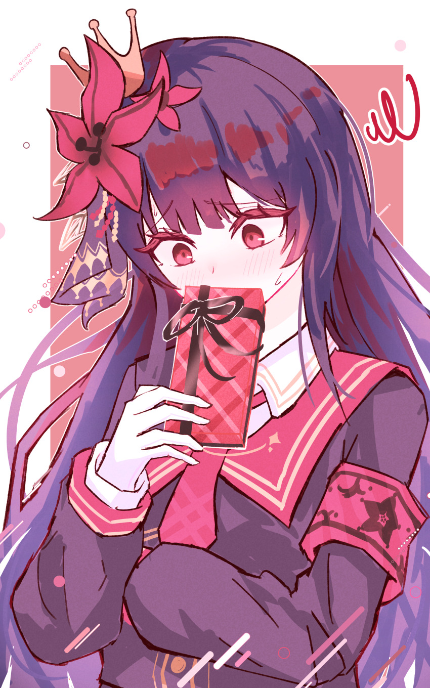 1girl, absurdres, armband, black_hair, black_shirt, commentary_request, covering_own_mouth, crossed_arms