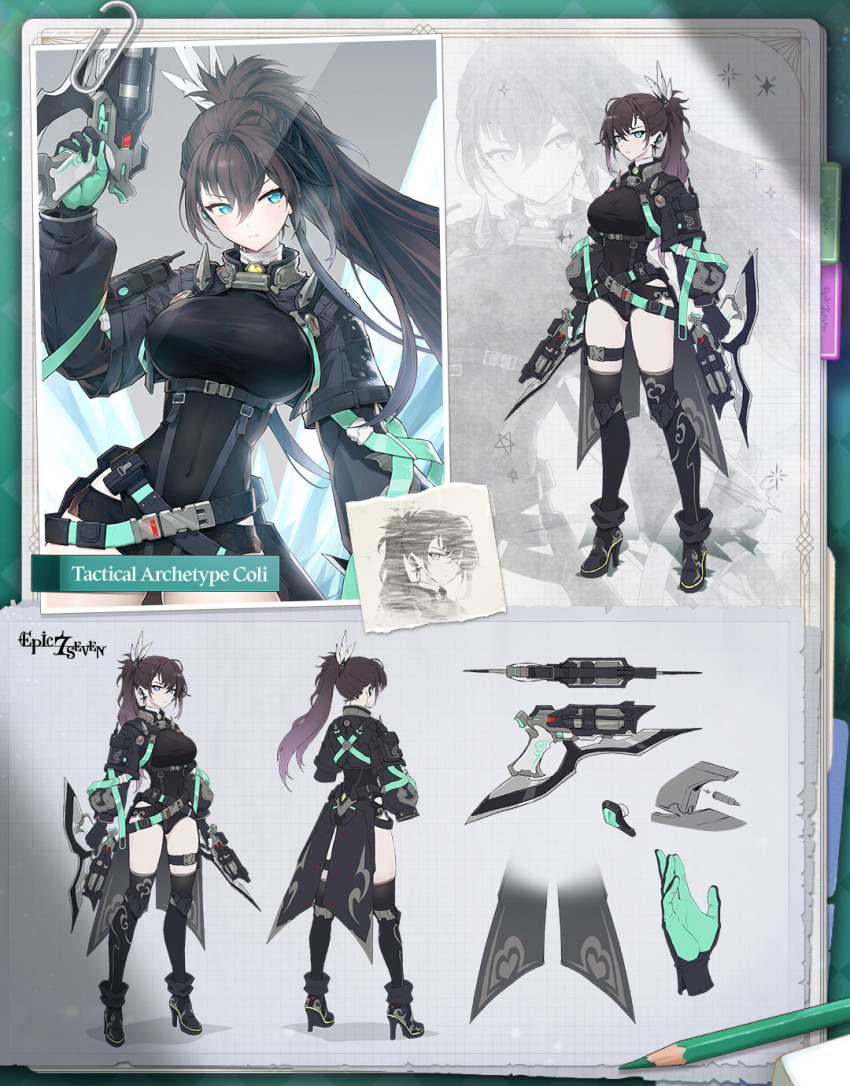 1girl, asymmetrical_legwear, belt, black_hair, blue_eyes, breasts, character_name, coli_(epic_seven)