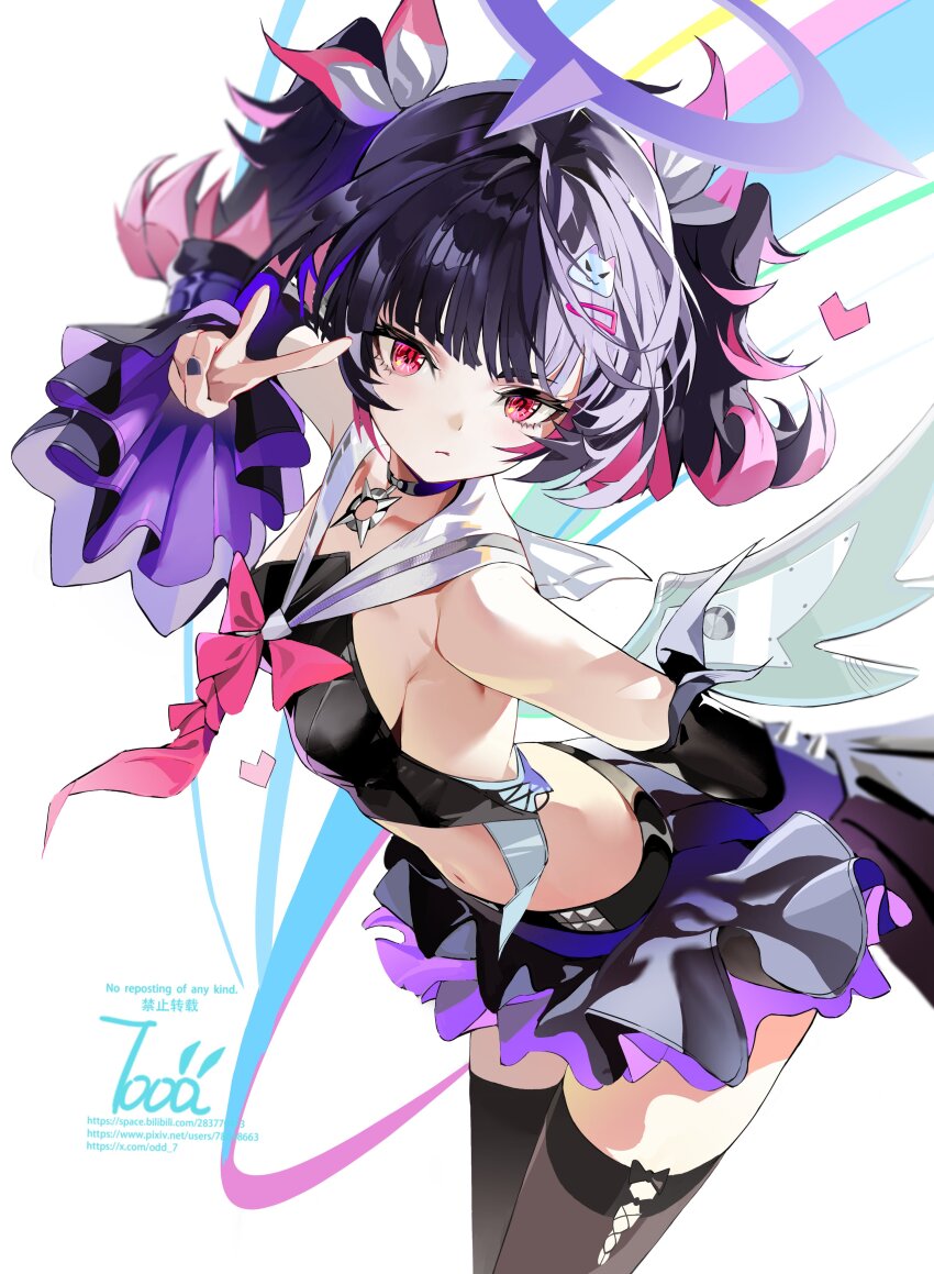 0dd, 1girl, absurdres, artist_name, black_corset, black_hair, black_skirt, black_thighhighs