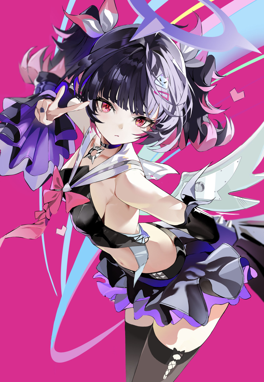 0dd, 1girl, absurdres, black_corset, black_hair, black_skirt, black_thighhighs, breasts, chinese_commentary, commentary_request, corset, detached_sleeves, halo, highres, looking_at_viewer, multicolored_hair, nangong_yu, nangong_yu_(rhapsody's_muse), official_alternate_costume, pink_background, purple_eyes, purple_hair, purple_halo, short_hair, simple_background, skirt, small_breasts, snare, solo, thighhighs, thighs, torn_clothes, torn_thighhighs, two-tone_hair, v, white_wings, wings, zenless_zone_zero