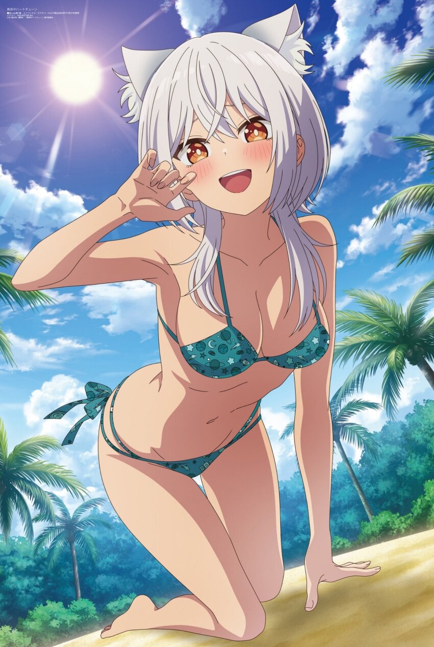 1girl, absurdres, animal_ears, beach, bent_over, bikini, blush, breasts