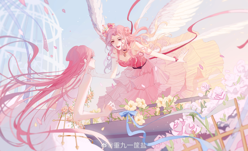 2girls, absurdres, angel_wings, bare_arms, bare_shoulders, bead_necklace, beads, birdcage