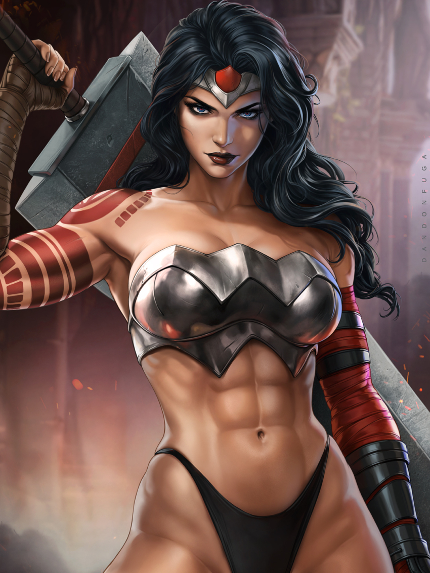 1girl, abs, absolute_dc, absolute_wonder_woman, black_panties, breasts, cleavage, dandon_fuga