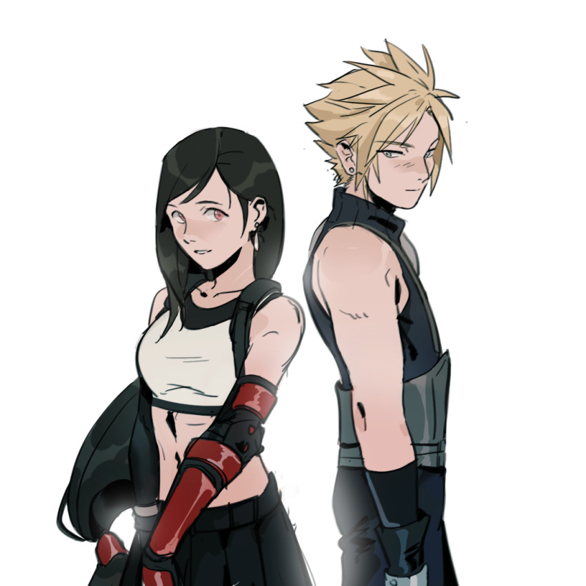 1boy, 1girl, back-to-back, bare_shoulders, black_gloves, black_hair, black_skirt, blonde_hair