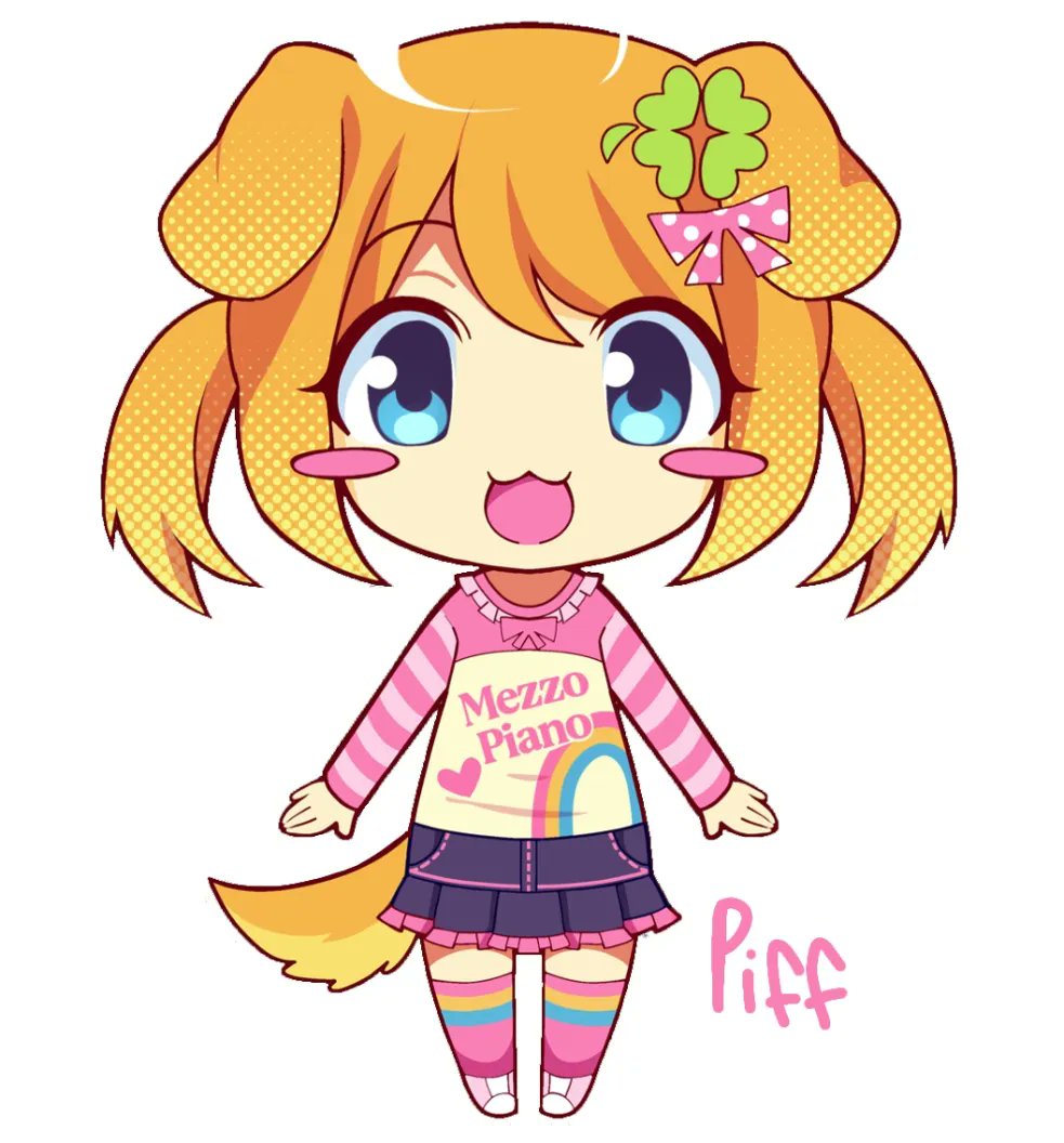 1girl, 2000s_(style), :3, :d, animal_ears, bad_id, bad_twitter_id, blonde_hair, blue_eyes, blush_stickers, bow, chibi, chibi_only, clover_hair_ornament, denim, denim_skirt, dog_ears, dog_girl, dog_tail, faux_retro_artstyle, four-leaf_clover_hair_ornament, full_body, hair_bow, hair_ornament, heisei_retro, looking_at_viewer, mezzo_piano, onukogirl, open_mouth, original, pink_bow, pink_shoes, pink_trim, shoes, short_hair, short_twintails, simple_background, skirt, smile, sneakers, socks, solo, standing, striped_clothes, striped_sleeves, striped_socks, tail, twintails, white_background
