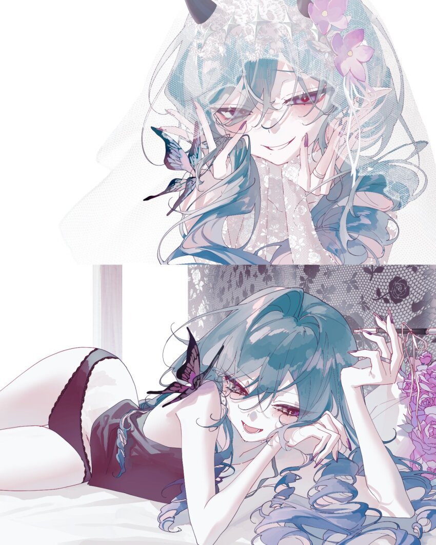 1girl, bug, butterfly, ening_xoxo, flower, frilled_panties, frills, horns