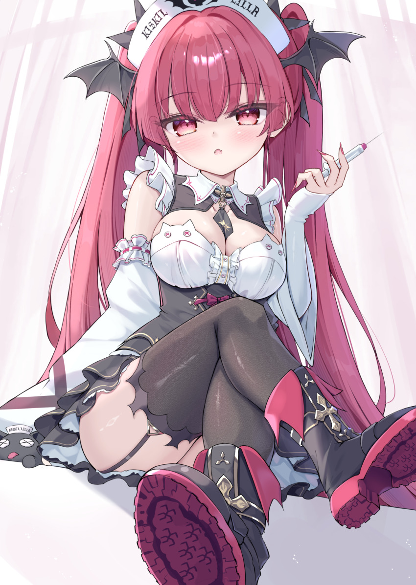 1girl, arm_garter, bemani, black_boots, black_dress, black_ribbon, black_thighhighs, boots