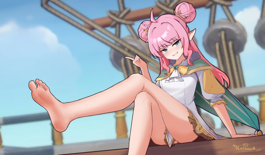 1girl, barefoot, blue_eyes, crossed_legs, double_bun, feet, hair_bun, highres