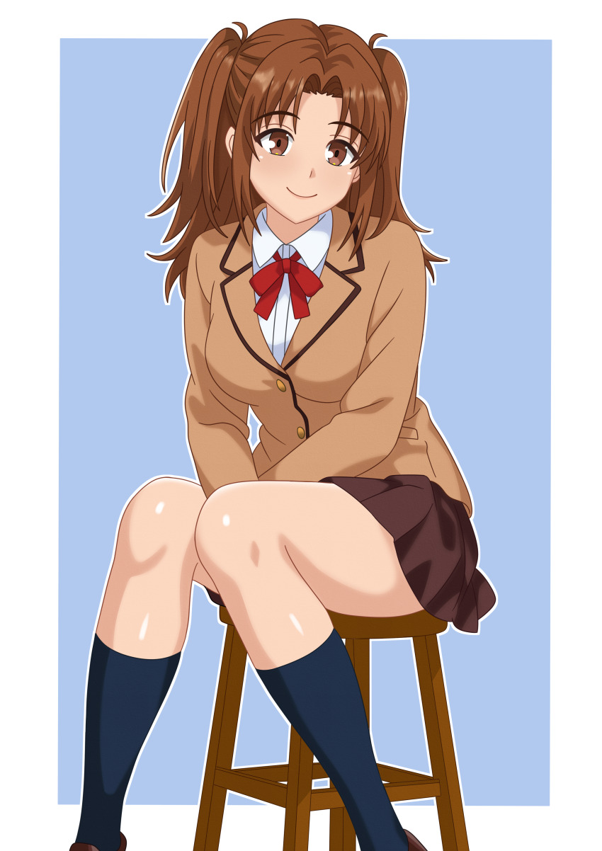 1girl, absurdres, black_socks, bow, brown_eyes, brown_hair, brown_jacket, brown_skirt