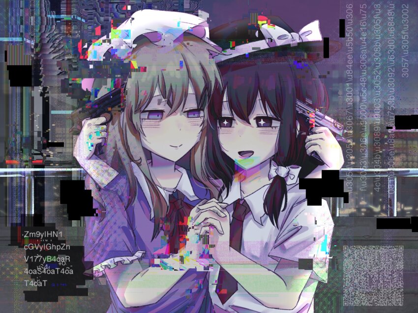 2girls, arster, black_eyes, black_hat, blonde_hair, bow, brown_hair, chinese_commentary