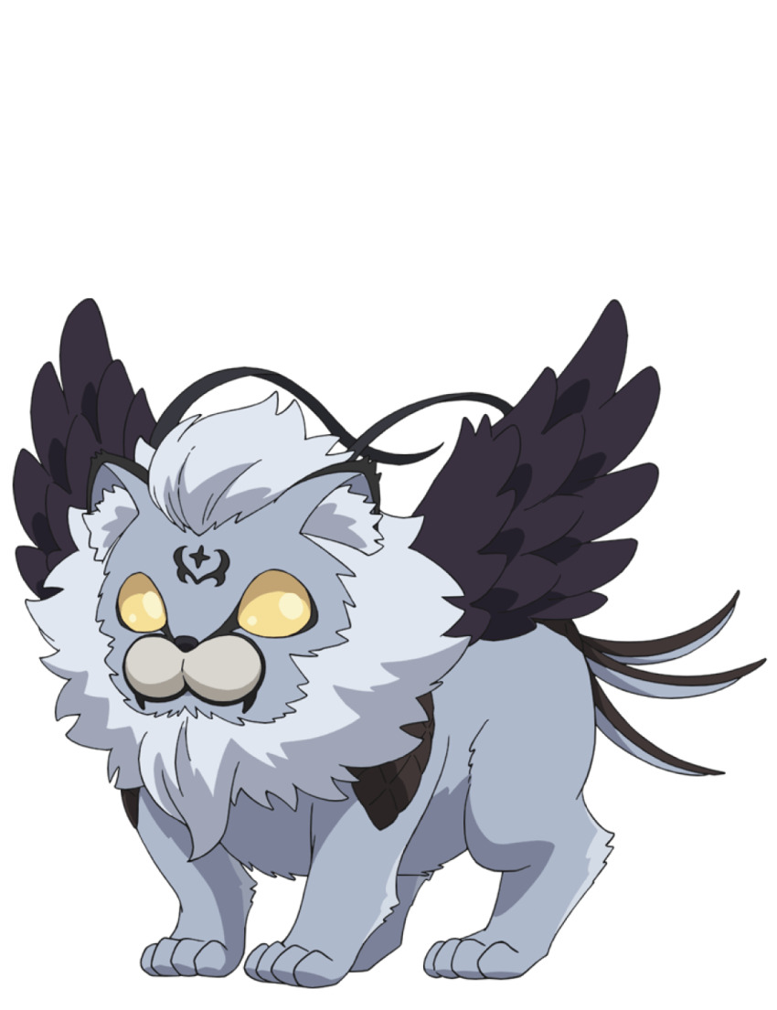 all_fours, black_wings, chimera, colored_sclera, creature, fangs, feathered_wings, forehead_tattoo