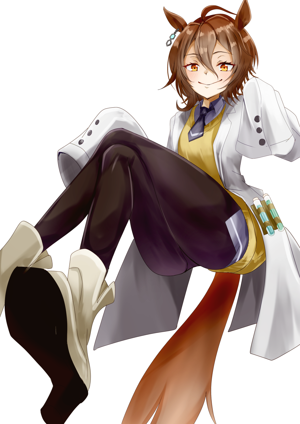 1girl, agnes_tachyon_(tach-nology)_(umamusume), agnes_tachyon_(umamusume), ahoge, animal_ears, black_necktie, black_pantyhose, blush