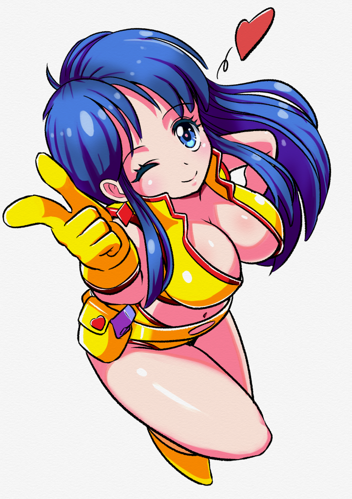 1girl, belt, blue_eyes, blue_hair, boots, breasts, cleavage, dirty_pair