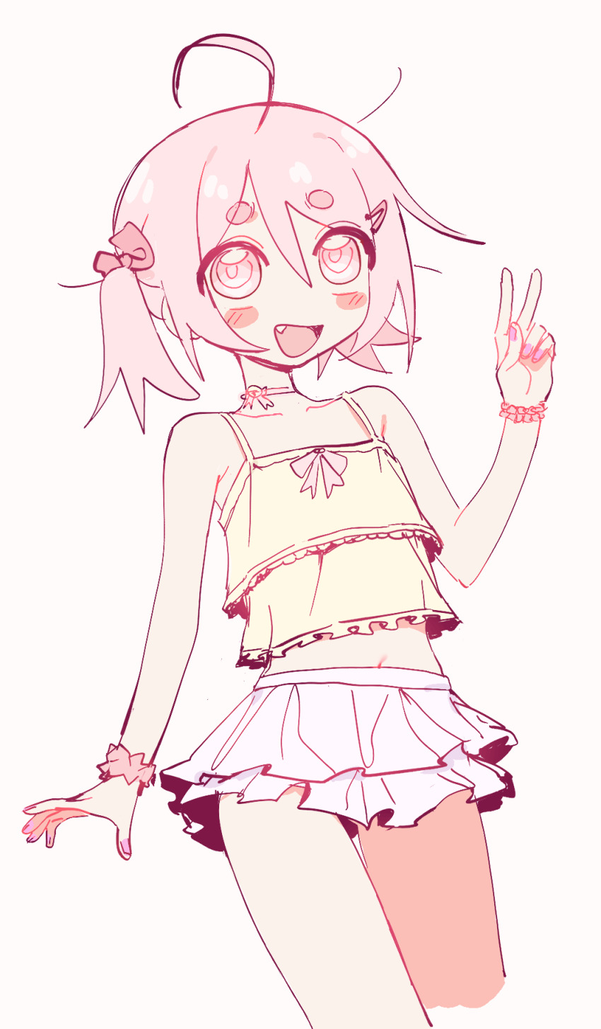 1girl, :d, ahoge, bare_arms, bare_shoulders, blush_stickers, bow, bracelet