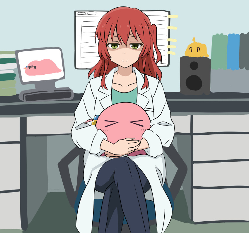 1girl, black_pants, cho_kaguya-hime!, collarbone, commentary_request, cosplay, crossed_legs, gotoh_hitori