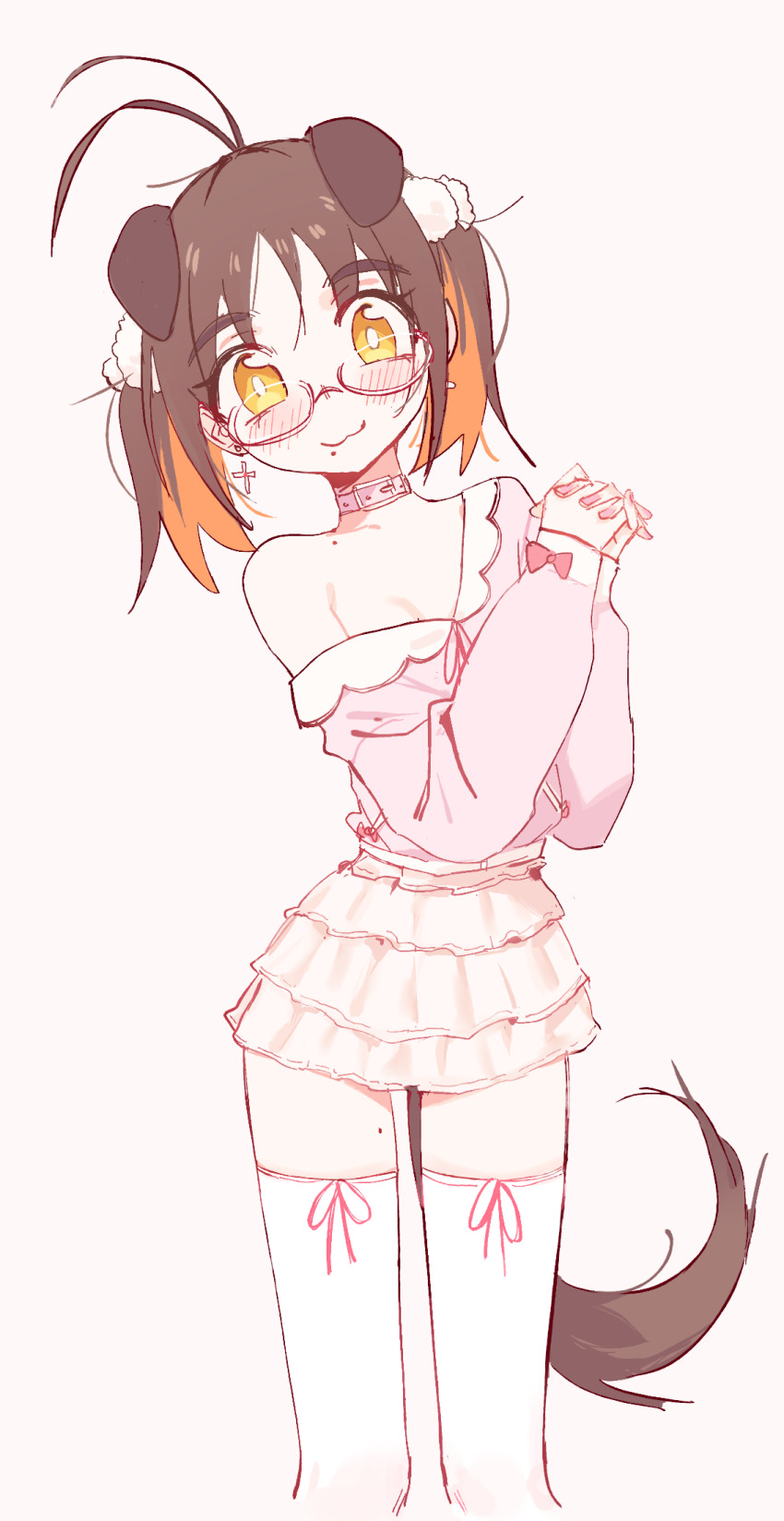 1girl, :3, animal_ears, antenna_hair, belt_collar, blush, bow, breasts