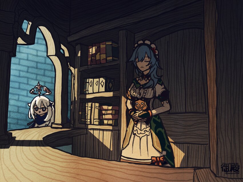 2girls, absurdres, artist_name, black_eyes, blue_hair, bookshelf, breasts, bright_pupils