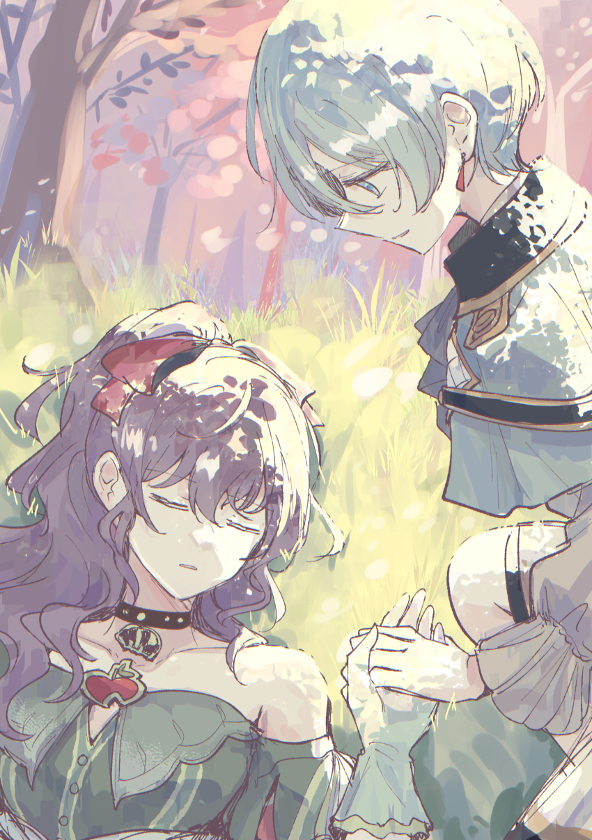 2girls, absurdres, akari_no_mirage_(project_sekai), alternate_hair_length_(shorter), androgynous, apple_brooch, asahina_mafuyu, ascot