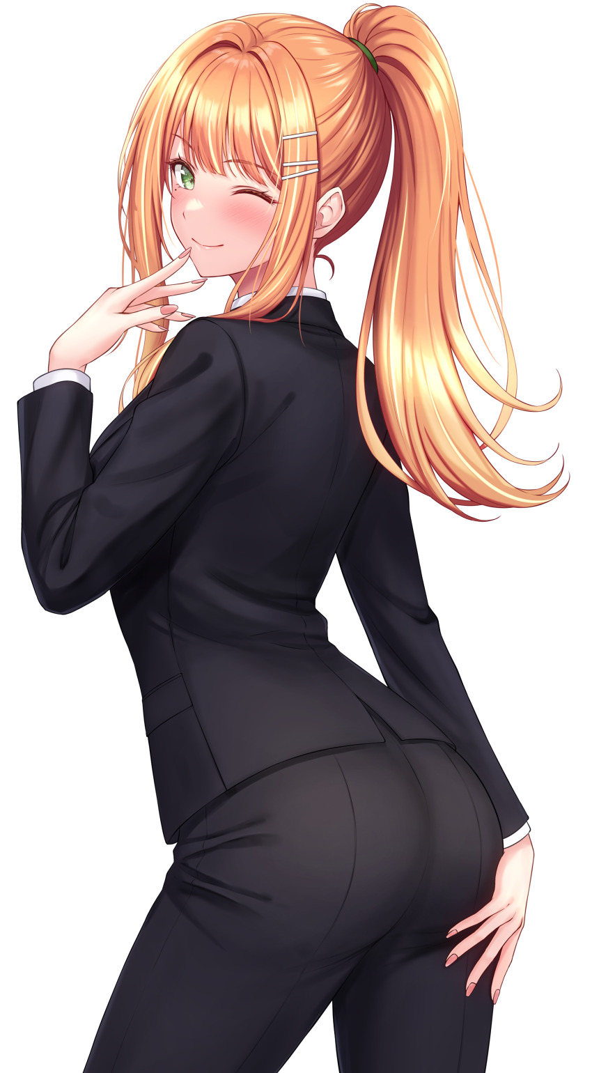1girl, absurdres, alternate_costume, ass, black_suit, commentary, formal_clothes, gakuen_idolmaster