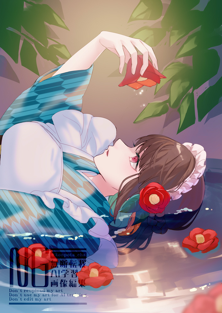 1girl, apron, colored_inner_hair, flower, hair_flower, hair_ornament, iroha_(rune_factory), maid