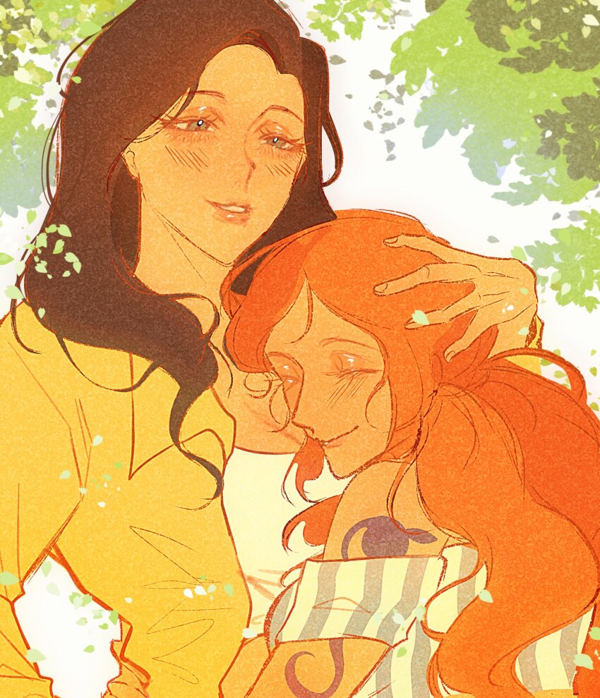 2girls, ^_^, arm_tattoo, black_hair, blush, closed_eyes, commentary, dlovesespresso