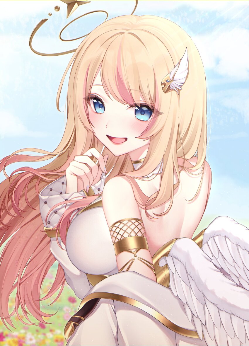 58ya, absurdres, angel, back, bare_shoulders, blonde_hair, blue_eyes, breasts