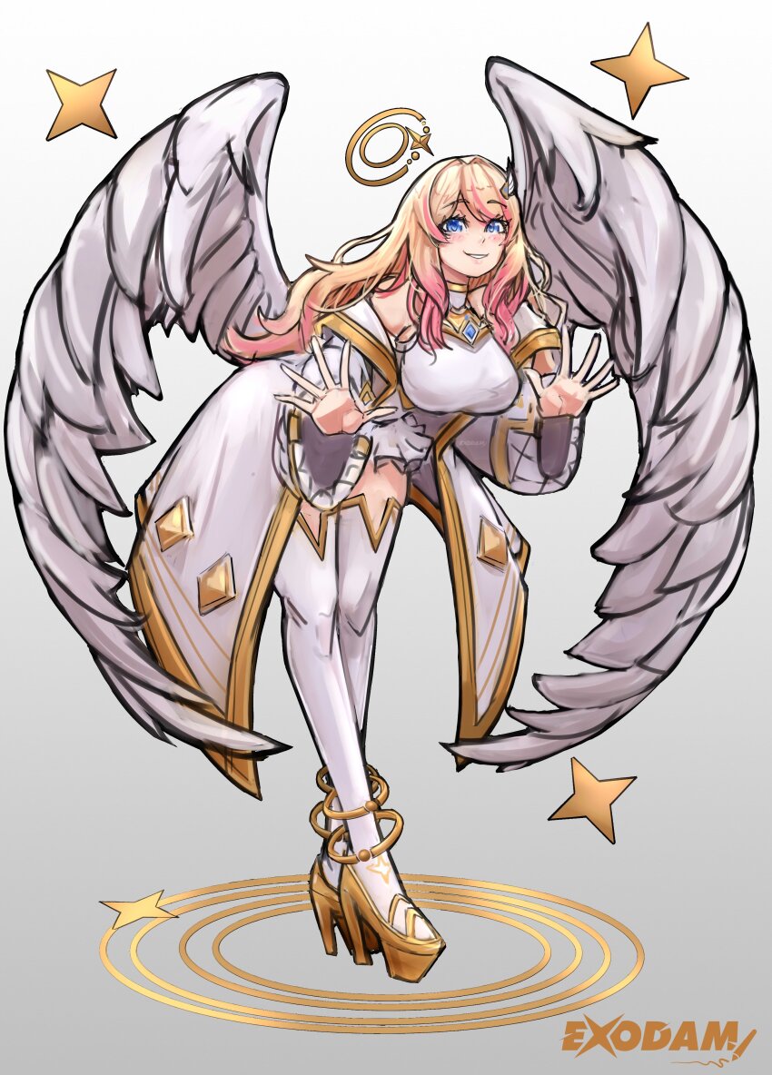 absurdres, angel, blonde_hair, blue_eyes, breasts, dress, exodamartworks, feather_hair_ornament