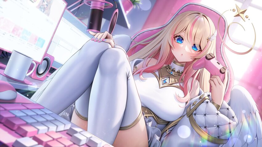 angel, blonde_hair, blue_eyes, breasts, chair, computer_keyboard, cup, dress
