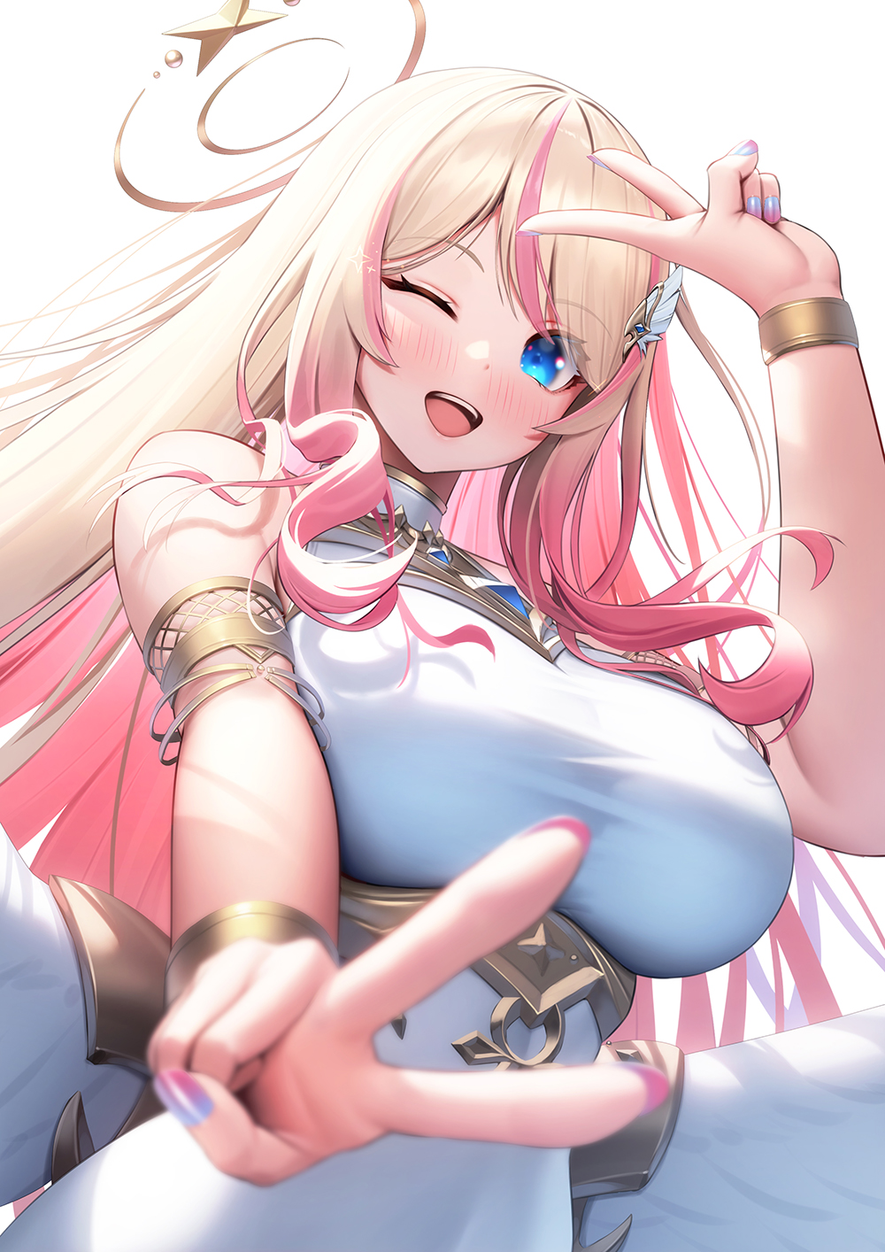 angel, armlet, bare_shoulders, blonde_hair, blue_eyes, blush, breasts, feather_hair_ornament, feathers, gold, gold_armlet, gradient_hair, hair_ornament, halo, hestia_happiness, highres, indie_virtual_youtuber, jewelry, large_breasts, long_hair, looking_at_viewer, multicolored_hair, one_eye_closed, open_mouth, pink_hair, smile, star_(symbol), streaked_hair, suraimurakugaki, v, virtual_youtuber, white_background