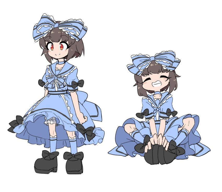 1boy, ^_^, ayumu_(fun_bo), back_ribbon, black_bow, bloomers, blue_bow, blue_bowtie