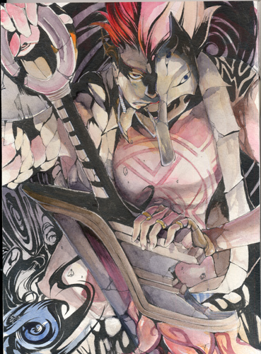 .hack//, .hack//g.u., 1boy, antares_(.hack//), arm_up, bad_id, black_background, chest_tattoo