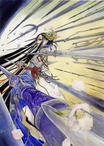 .hack//, .hack//cell, .hack//g.u., 1girl, bad_id, black_hair, blue_kimono, commentary_request