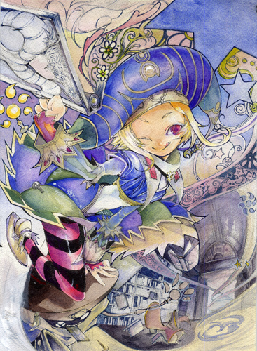 .hack//, .hack//g.u., 1girl, 1other, :q, arm_up, bad_id, black_pantyhose