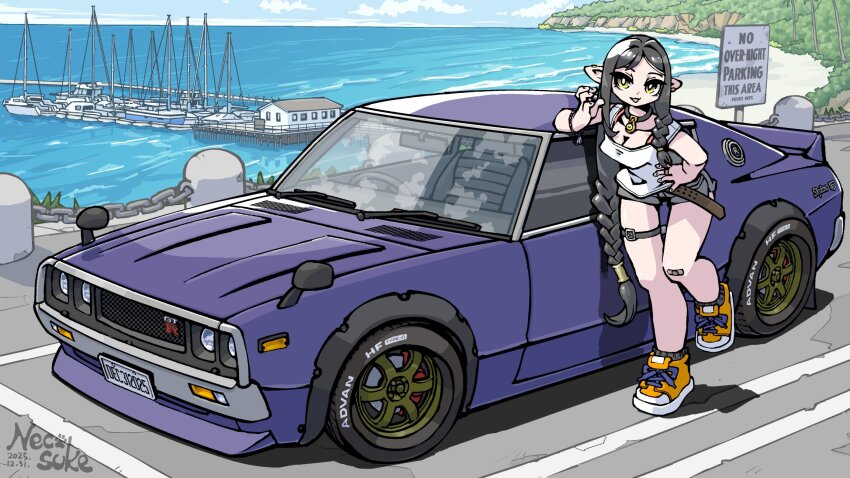 1girl, black_hair, black_shorts, boat, braid, breasts, car, cleavage