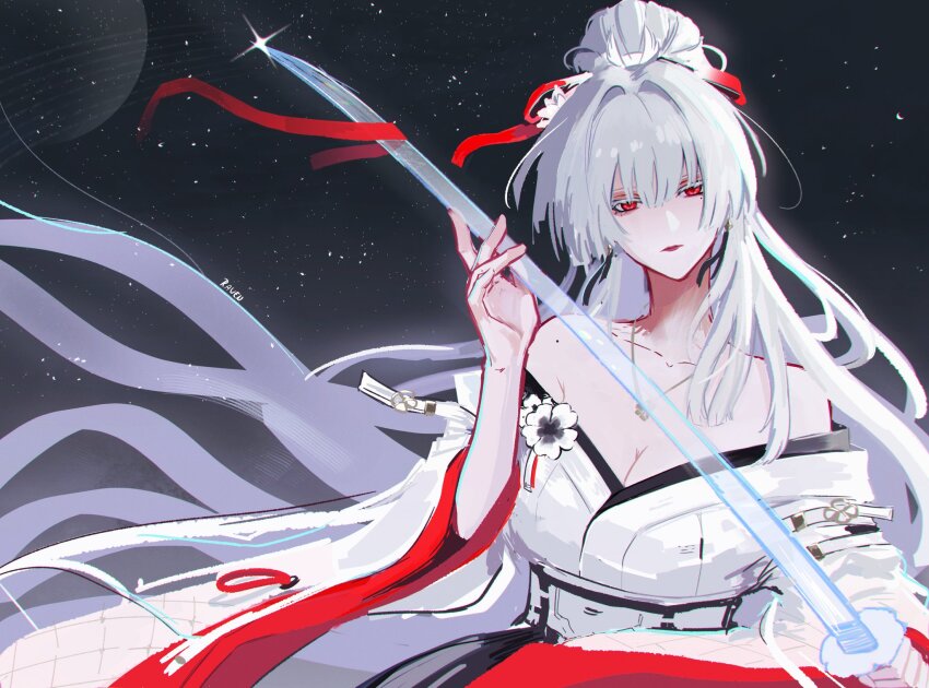 1girl, bare_shoulders, hakama, hakama_skirt, high_ponytail, highres, hiyuki_(wuthering_waves), holding