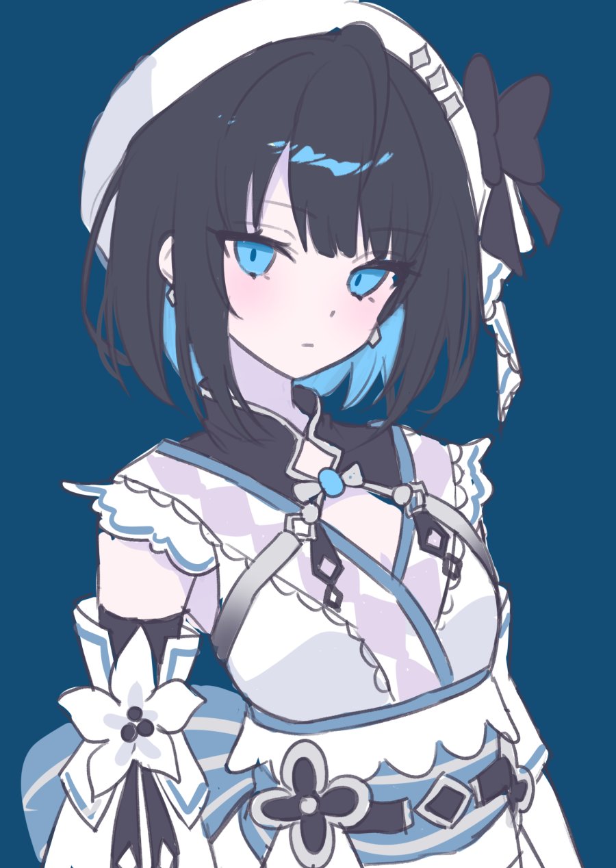 1girl, beret, black_bow, black_bowtie, blue_eyes, bow, bowtie, breasts