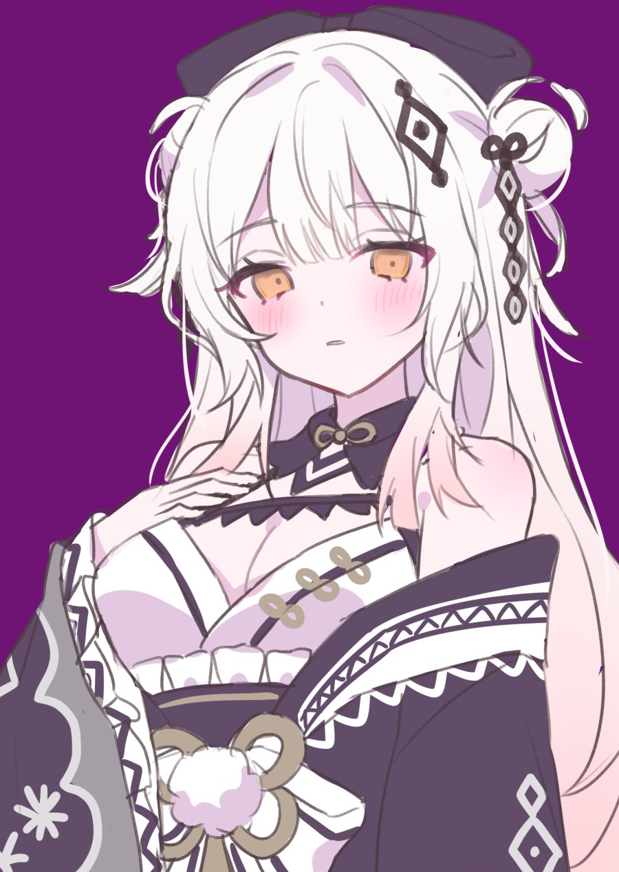 1girl, blush, breasts, cleavage, hair_ornament, highres, hime_cut, japanese_clothes