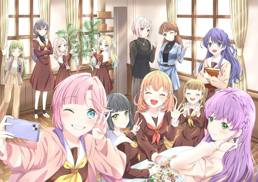 6+girls, :d, ;), ;d, ^_^, ahoge, black-framed_eyewear, black_bow