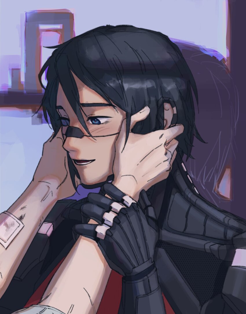 2girls, android, ariane_yeong, bandaid, bandaid_on_arm, black_hair, blue_eyes, commentary