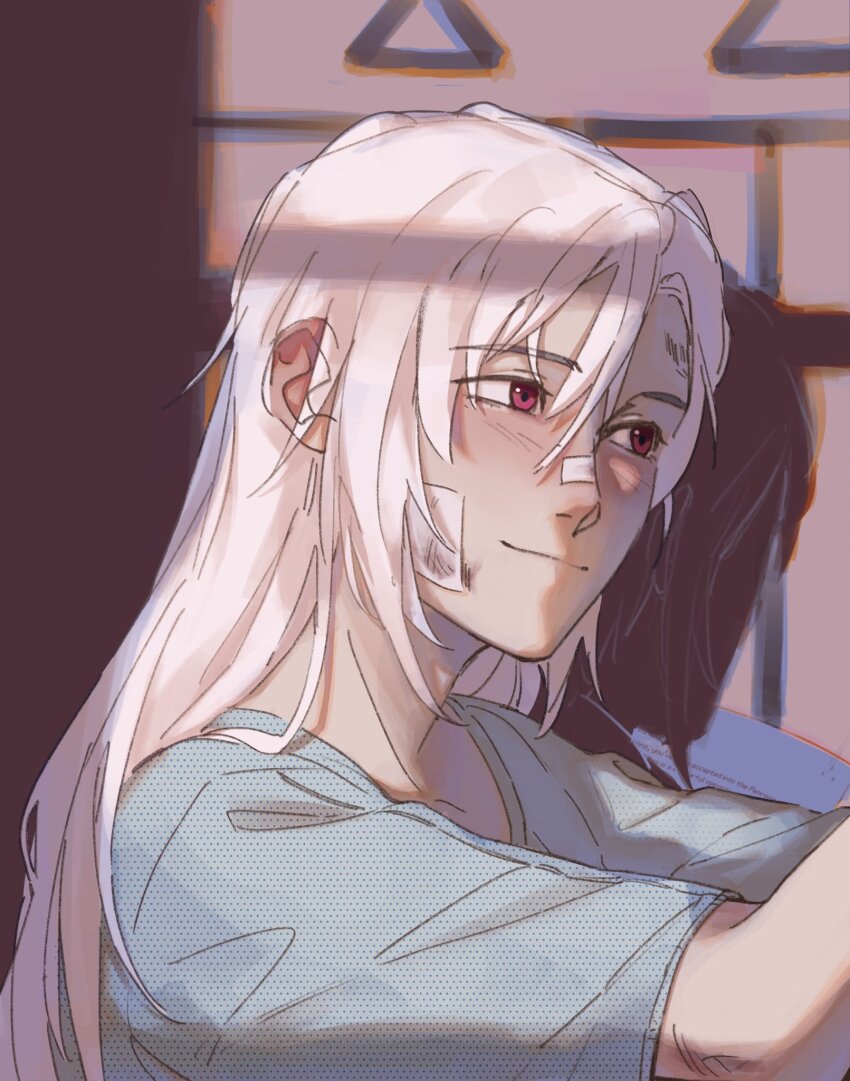 1girl, ariane_yeong, bandaid, bandaid_on_cheek, bandaid_on_face, bandaid_on_nose, commentary, english_commentary, highres, long_hair, marion_(plinkoping), portrait, red_eyes, signalis, smile, solo, white_hair