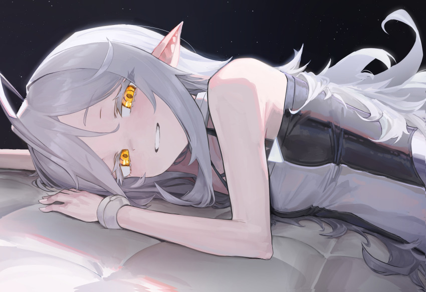 1girl, black_leotard, blush, colored_eyelashes, commentary, ed_(trickcal), grey_hair, grin