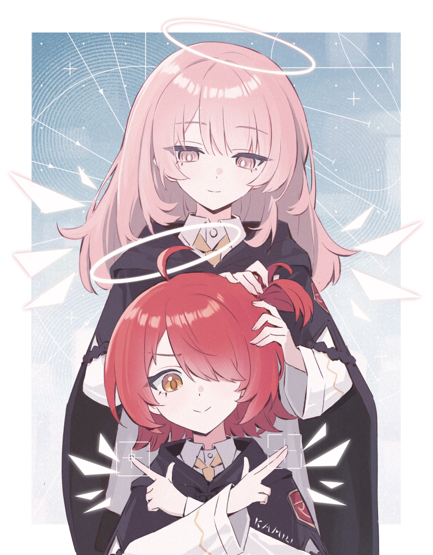 2girls, aged_down, arknights, black_cape, bright_pupils, camill, cape, chinese_commentary