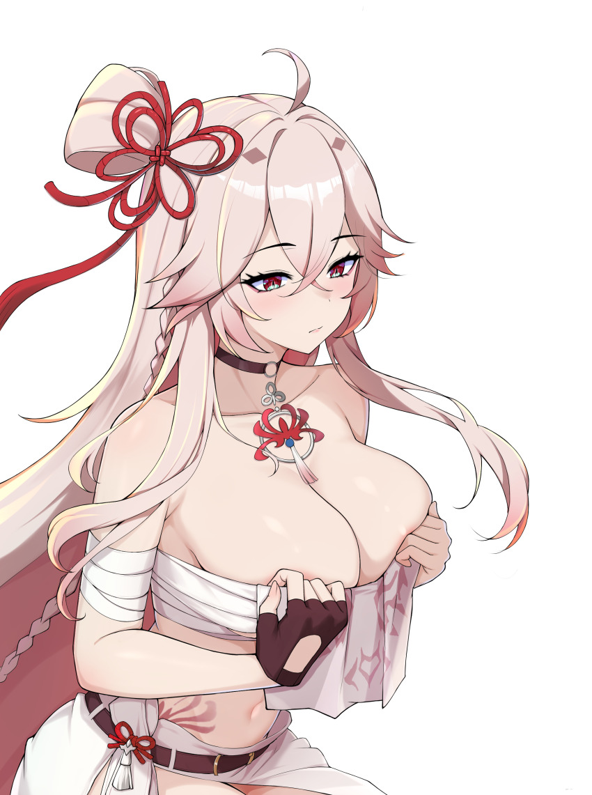 1girl, absurdres, ahoge, arunka_(epic_seven), bandaged_arm, bandaged_chest, bandages, bare_arms