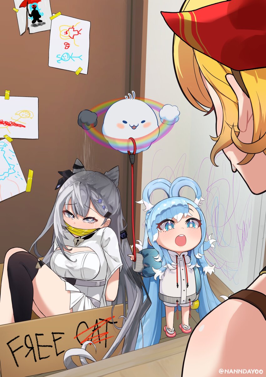 absurdres, aged_down, blonde_hair, blue_eyes, blush, bound, bound_arms, braid