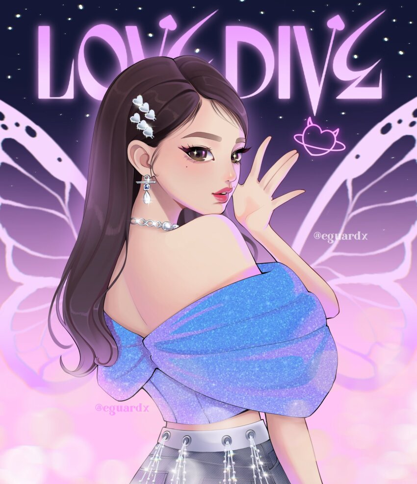 1girl, bare_shoulders, black_skirt, blue_shirt, brown_eyes, brown_hair, commentary, earrings