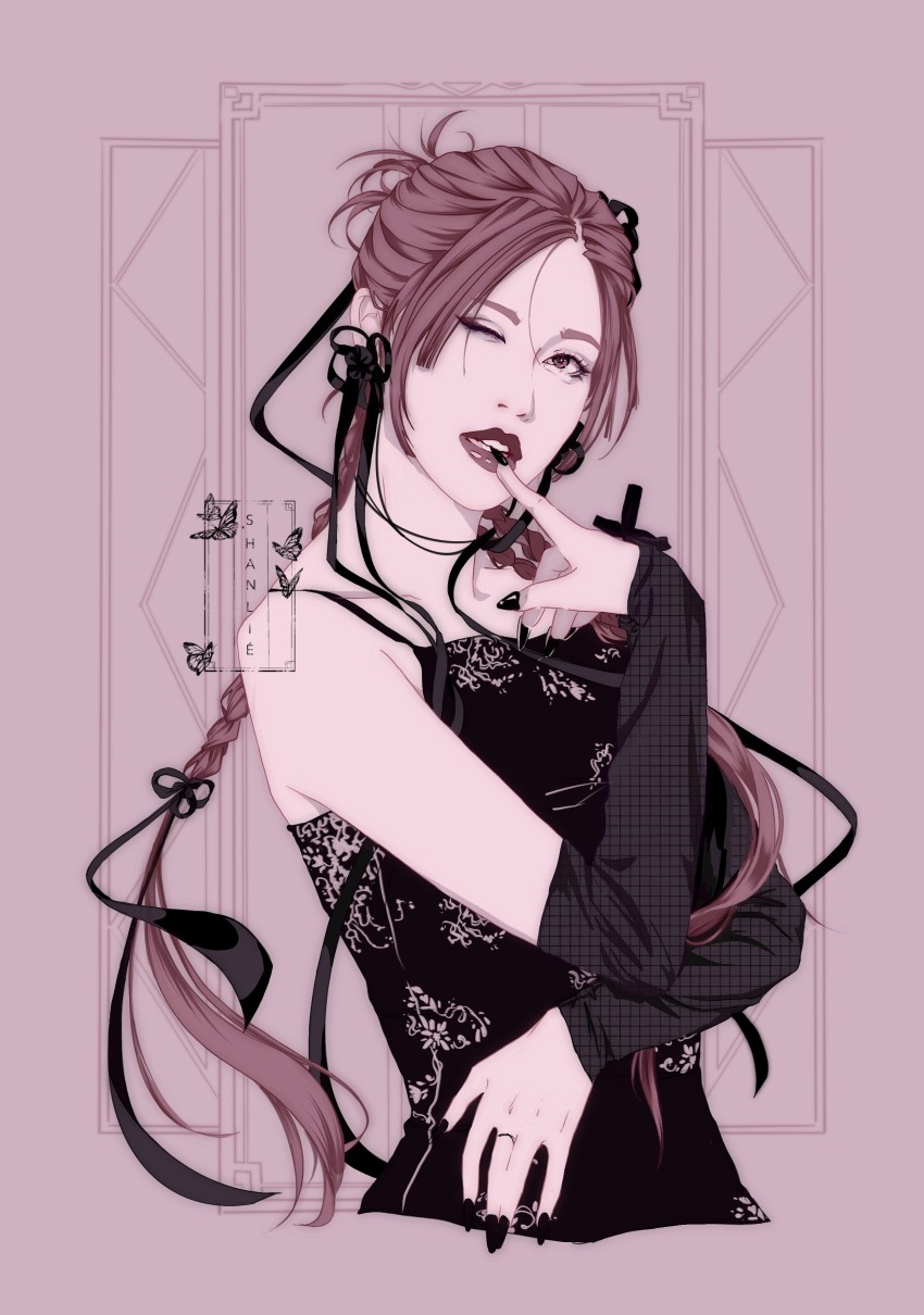 1girl, absurdres, artist_name, black_dress, black_eyes, black_nails, black_ribbon, braid